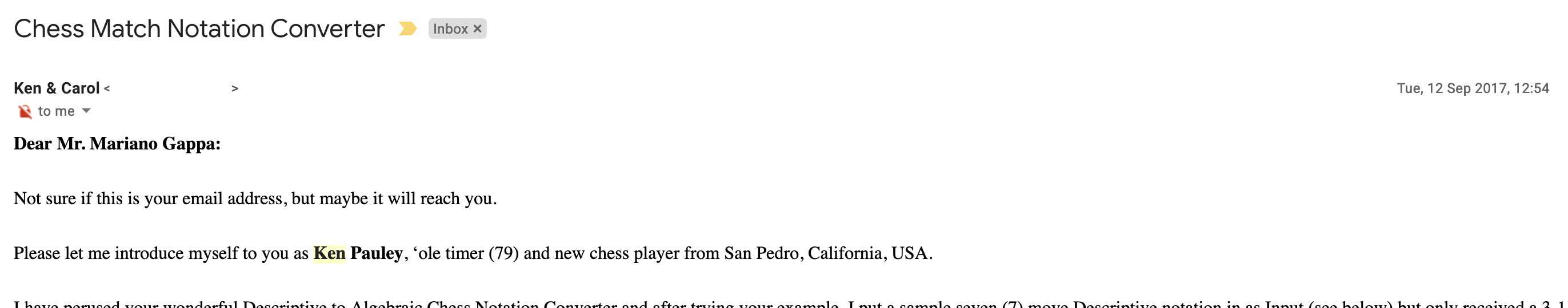 Chess Story: Ken’s email