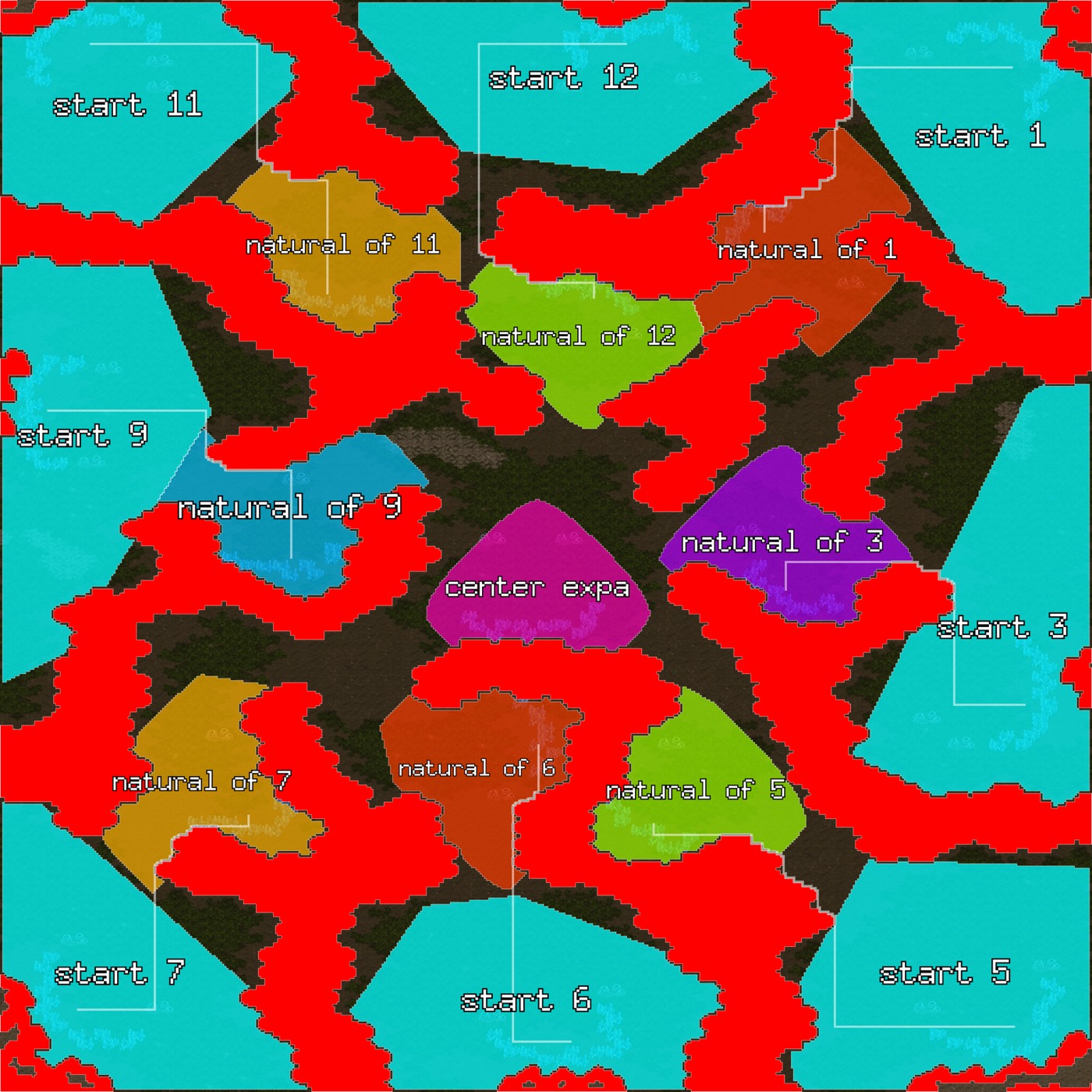 Big Game Hunters carved into base polygons: each start location, natural, and the center expansion labelled