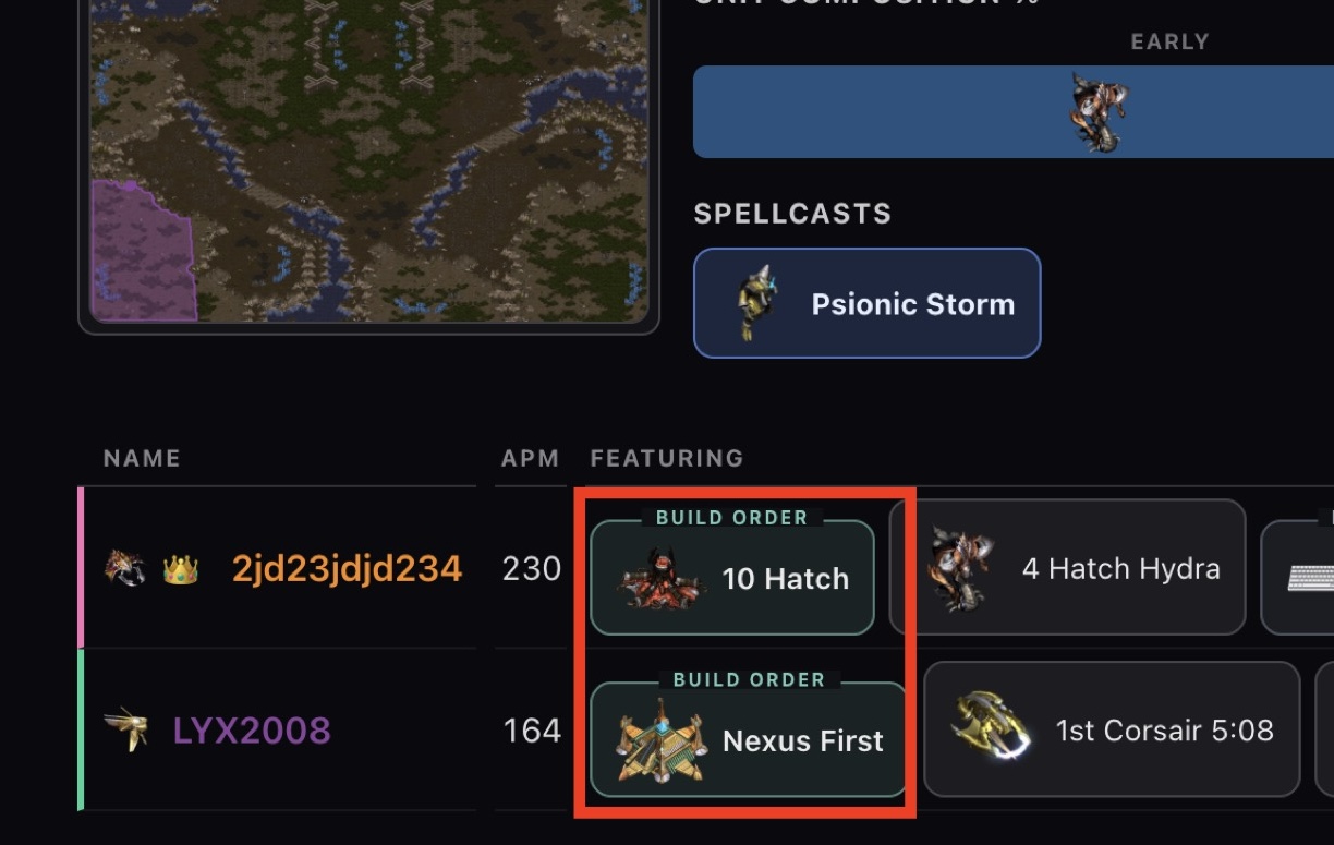screpdb naming each player&rsquo;s opener: a &ldquo;10 Hatch&rdquo; and a &ldquo;Nexus First&rdquo; detected from the command stream