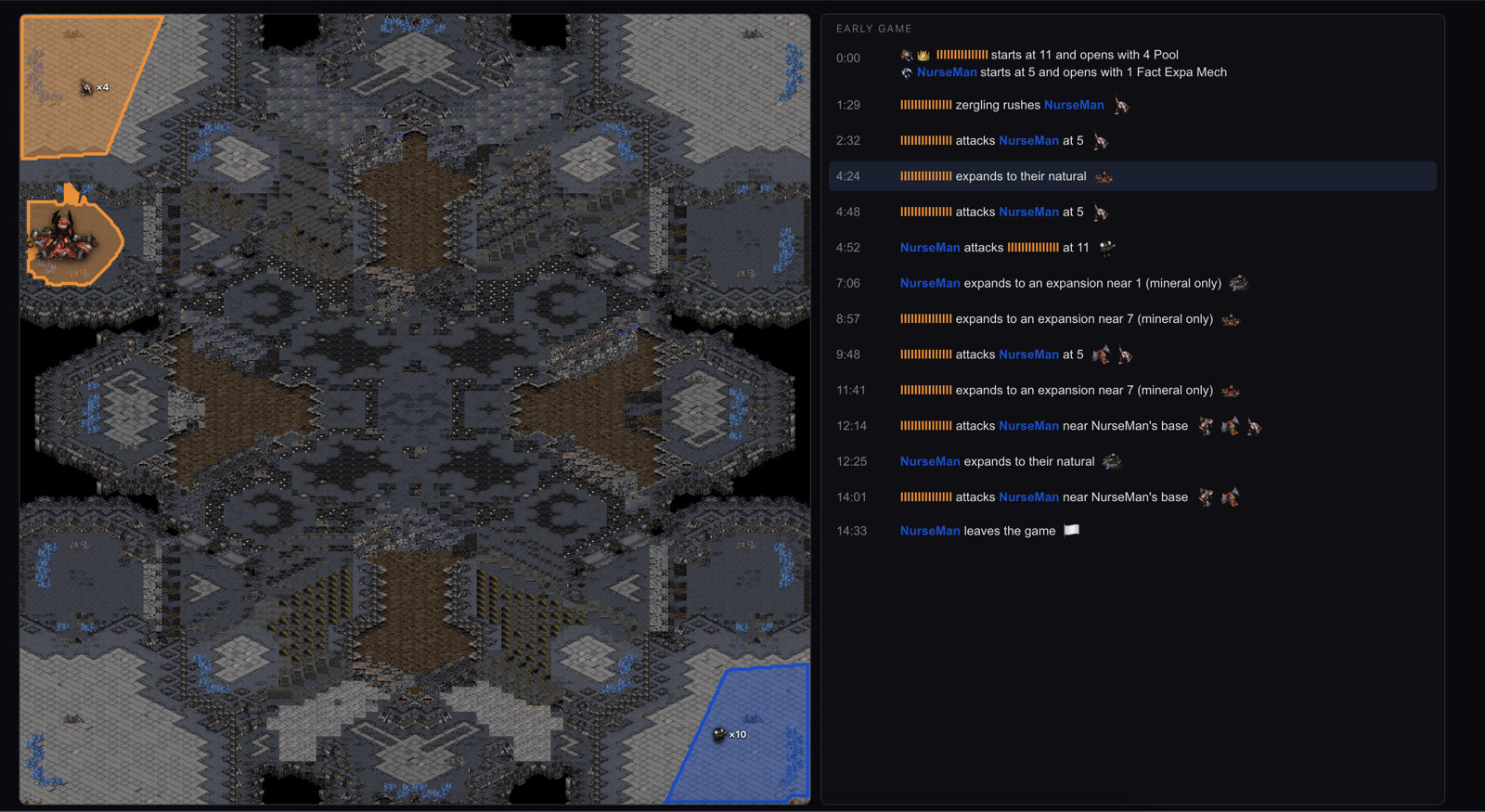 screpdb&rsquo;s game-events browser, narrating a game over the map