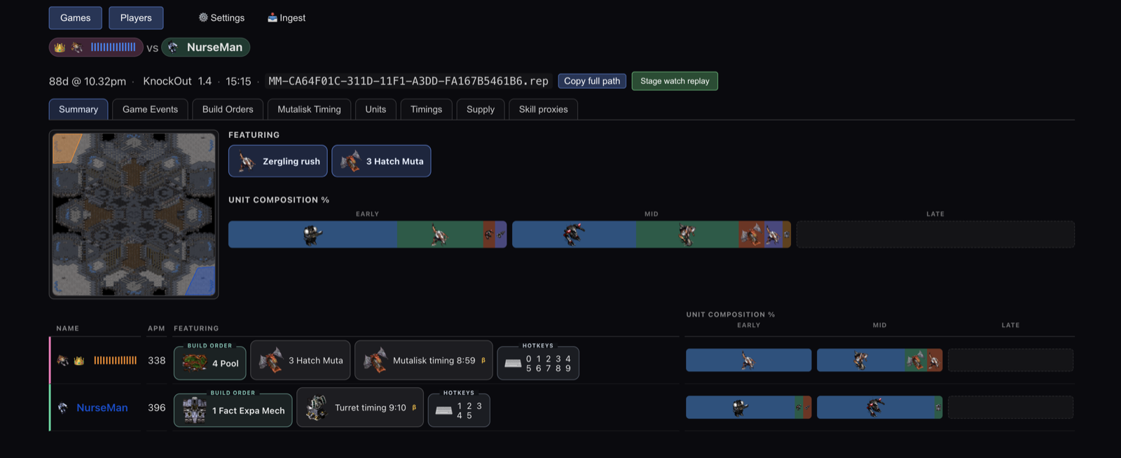 screpdb&rsquo;s current per-game summary: build order, unit composition over time, skill proxies, and per-player stats