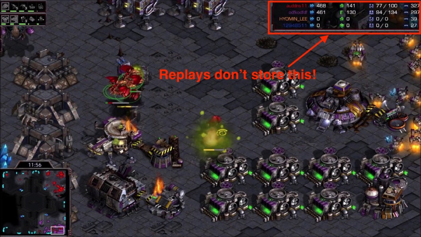 An in-game view with the resource, supply, and APM panel highlighted: &ldquo;Replays don&rsquo;t store this!&rdquo;