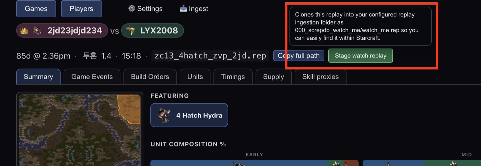 screpdb staging a replay to watch in the StarCraft client