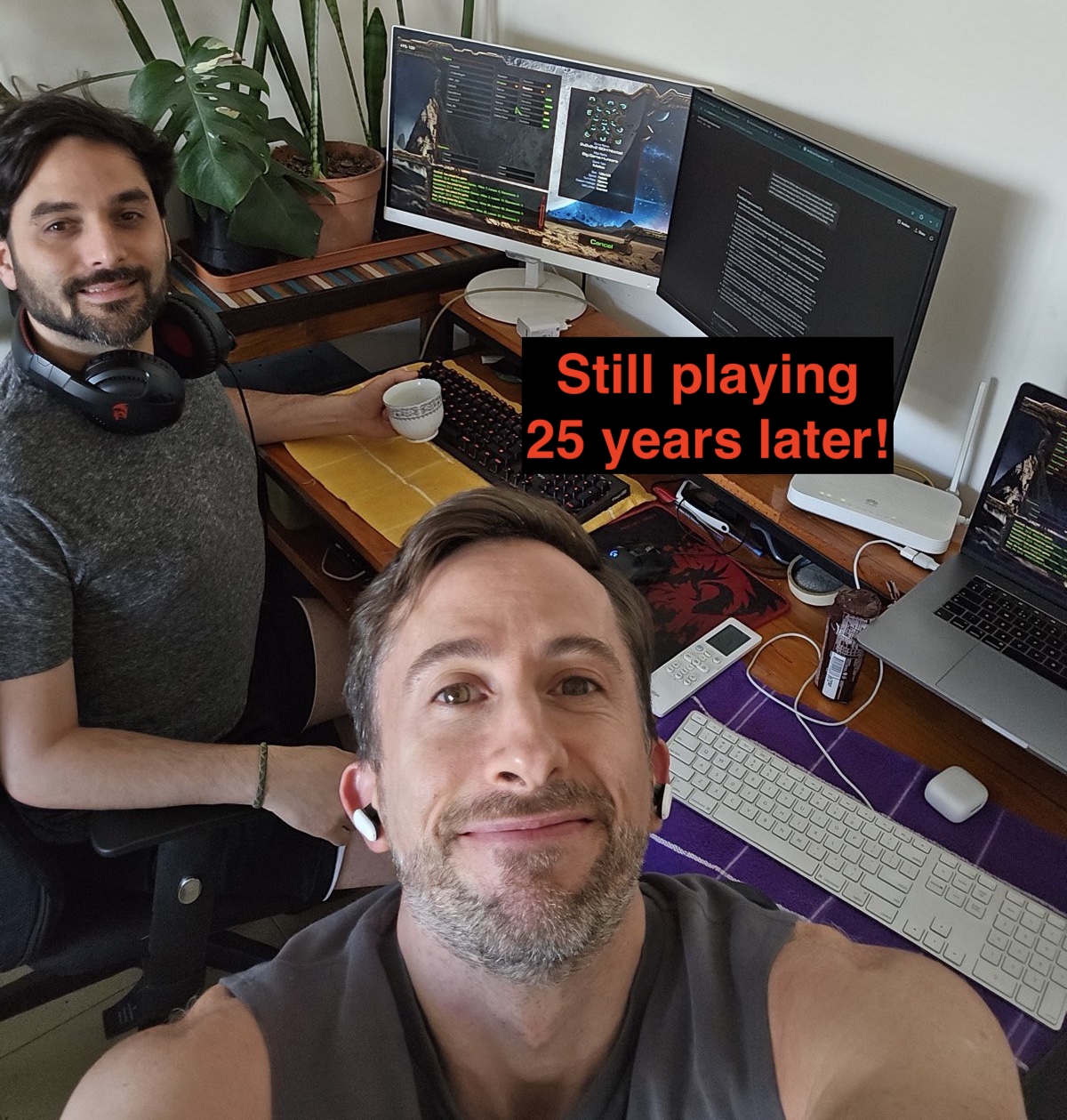 The two of us in 2026, still playing every weekend, with screpdb open on the middle screen