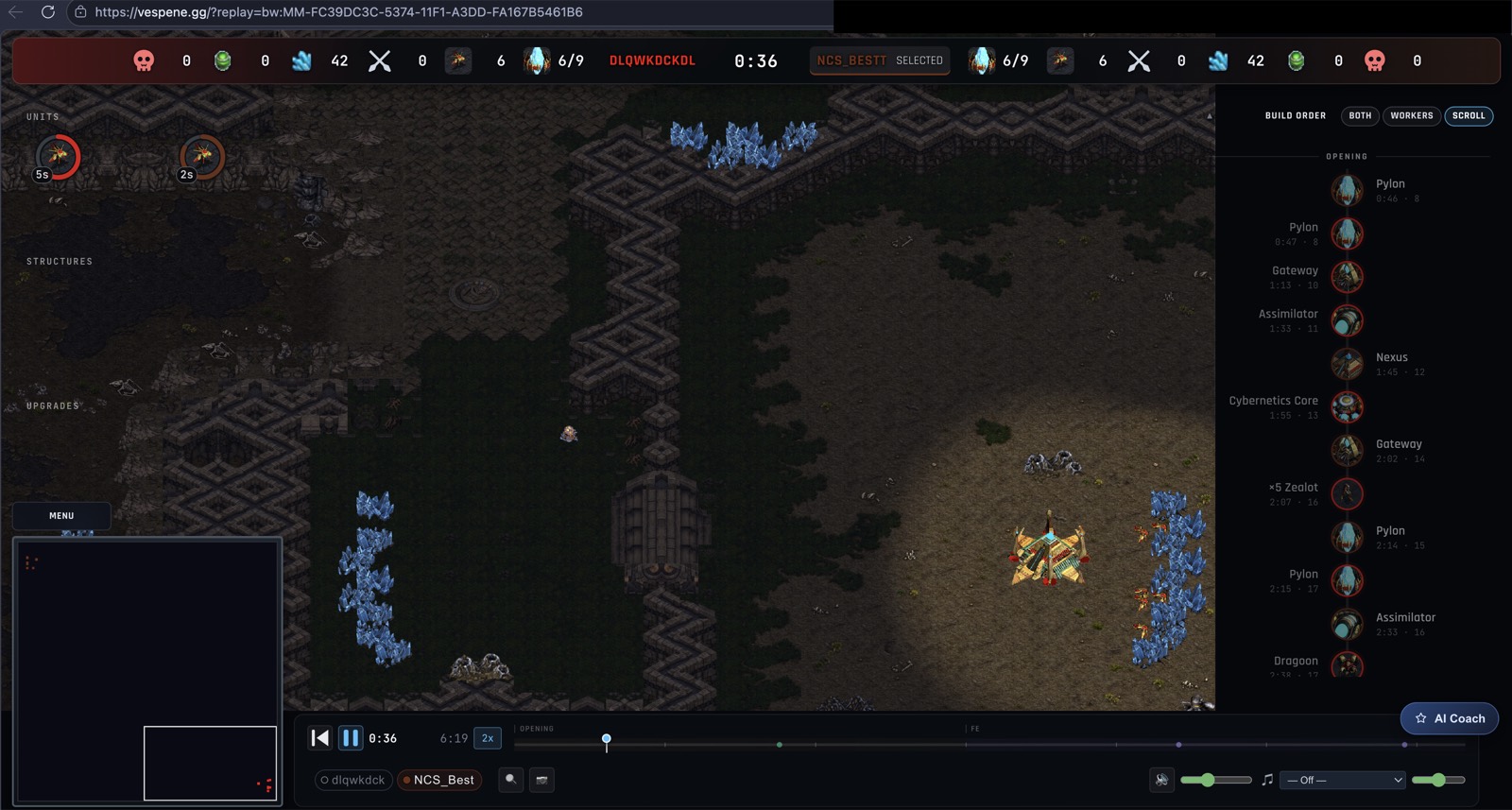 vespene.gg playing a Brood War replay in the browser, with a live build-order feed and AI coach